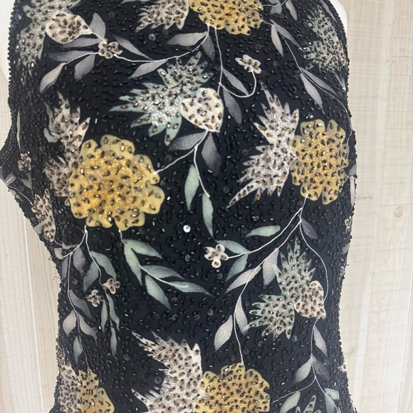 90’s J KARA Beaded Flower High Neck Top Black Elegant Evening Chic Sleeveless L - Picture 2 of 14